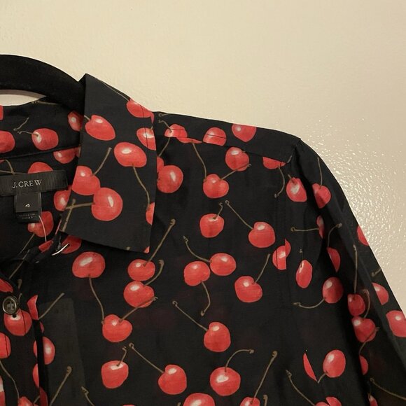 J.Crew Women 4 Black Red Cotton Silk Cherry Print Long Sleeve Popover Shirt NWT - Picture 10 of 16